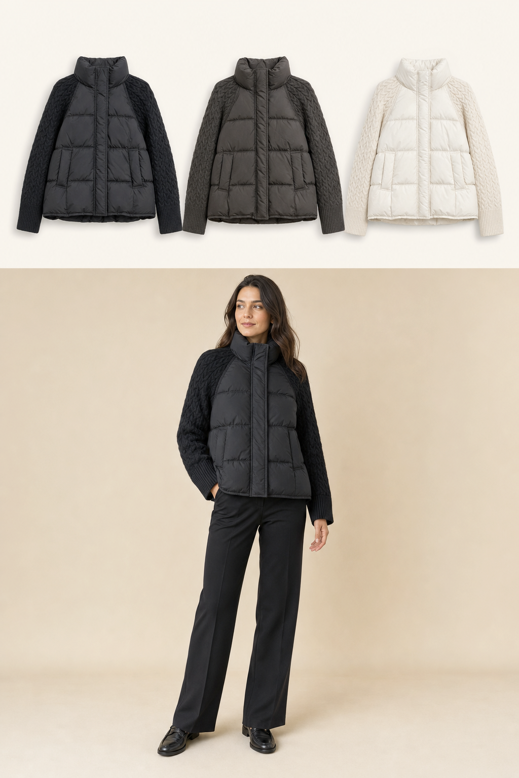 Giacca trapuntata con maniche in maglia Nero Florya Moda